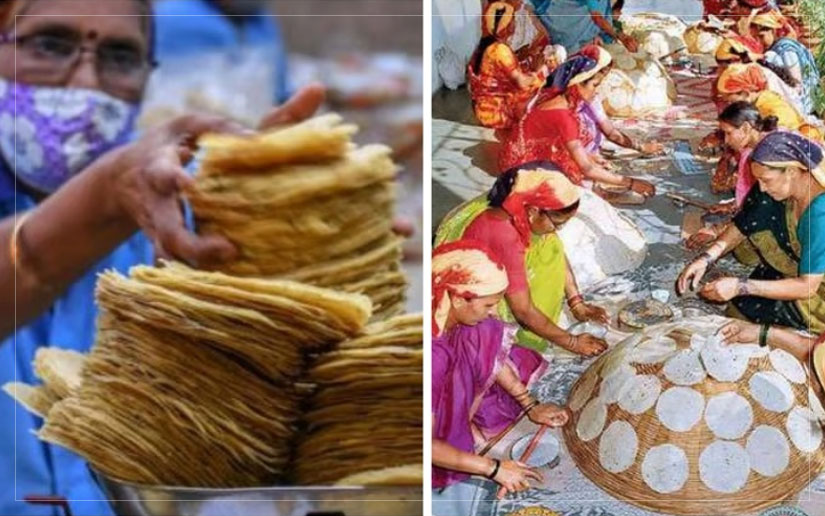 A historic photo of Lijjat Papad’s origins and women hand-rolling papads, showcasing its purpose-driven legacy